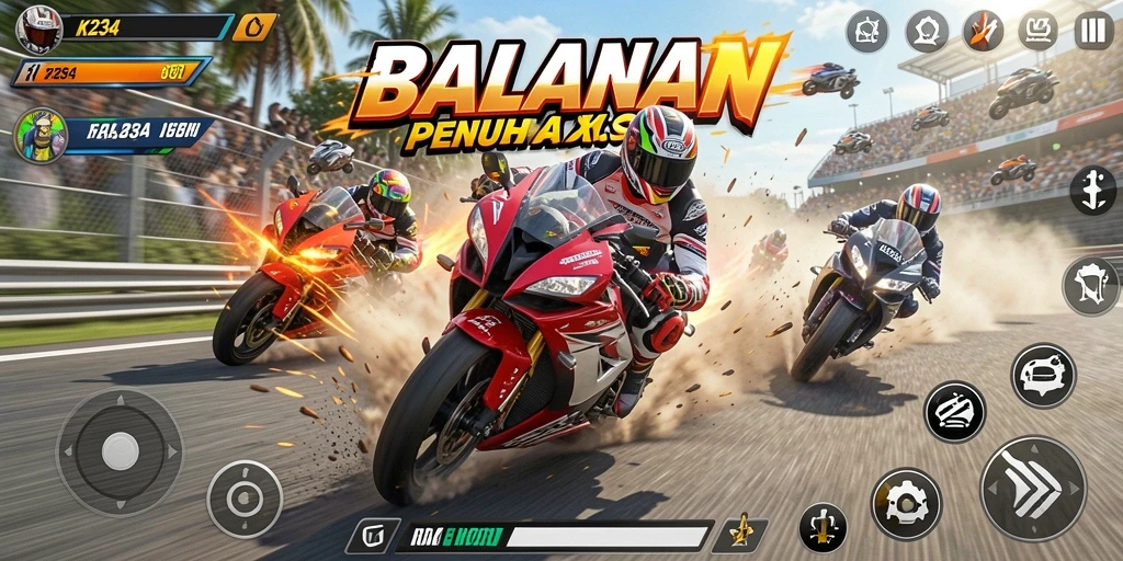 Screenshot gameplay K234 menampilkan aksi balapan motor yang mendebarkan.