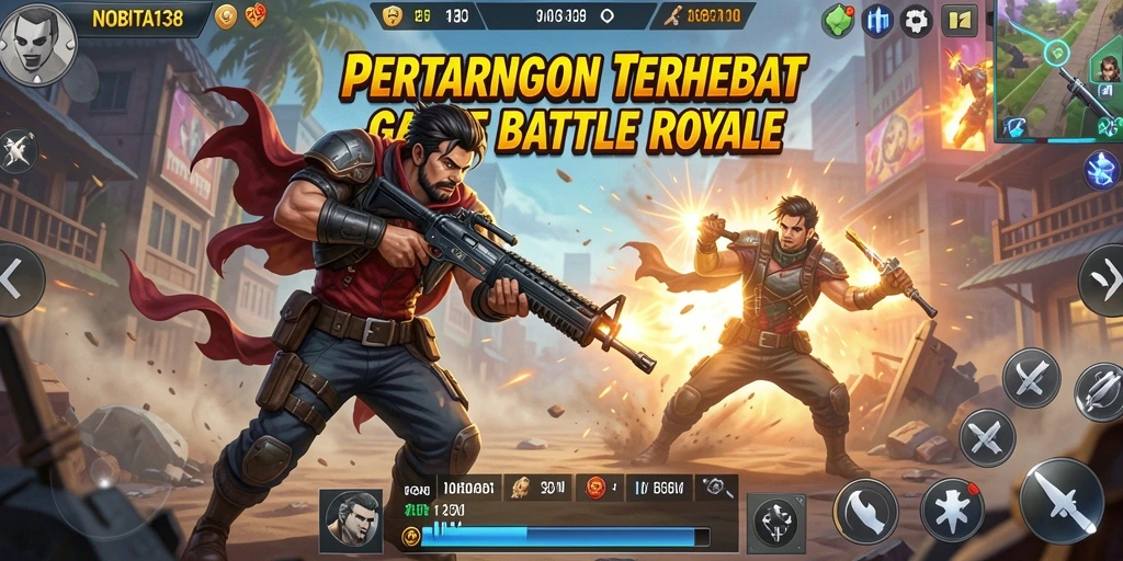 Screenshot utama NOBITA138 menampilkan aksi intens dalam permainan Battle Royale.