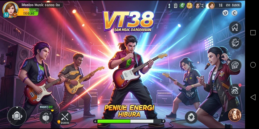Tampilan gameplay VT38 yang penuh warna dan energik saat memainkan musik.